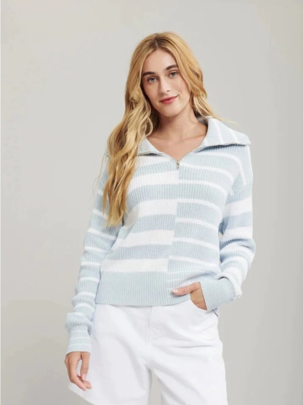 JOHN + JENN Wyatt High Tide Blue Striped Cotton Knit Half Zip Sweater, Size M